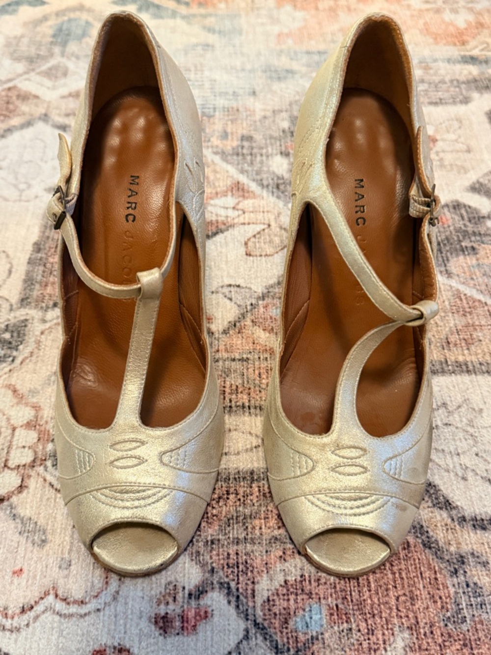 Marc Jacobs Metallic Gold Leather T-Strap Peep Toe Heels